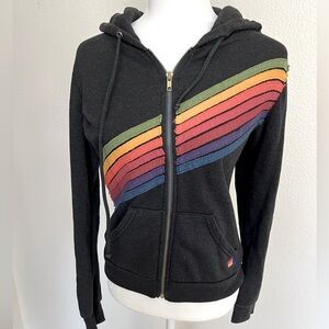 Aviator Nation women’s black rainbow 7 stripe full zip black hoodie sweatshirt